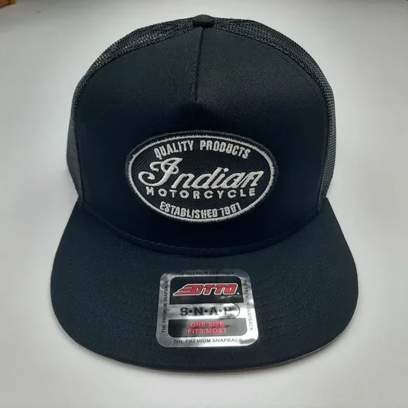 Indian Motorcycle Embroidered Patch Flat Bill Cap Hat Mesh Snapback Black - Picture 2 of 4